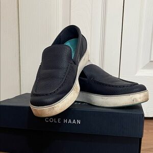 Cole Haan Navy Leather Slip-On Loafers with White Soles and Teal Soles
